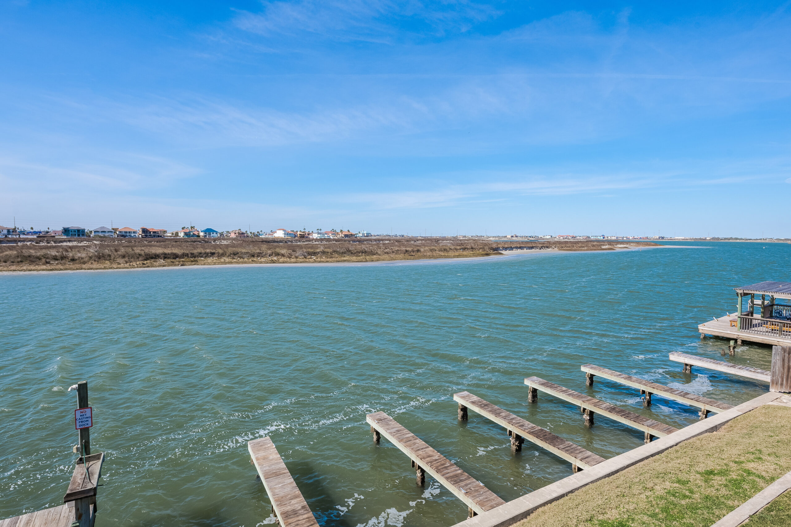 View of the boat slips at Seascape Villas - a waterfront vacation rental in Corpus Christi. Boat slips are not reserved and are first come basis.