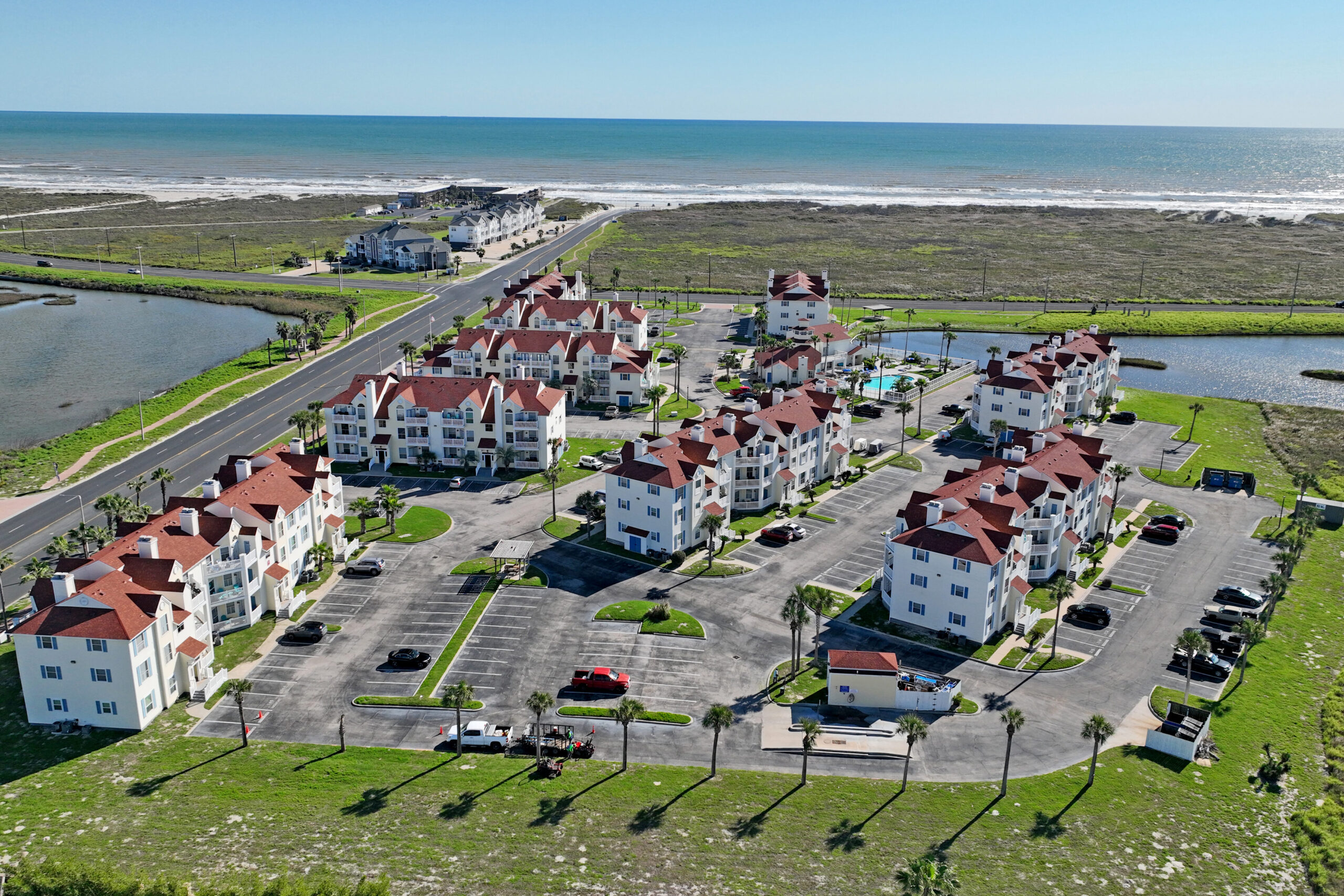 View of Beach Club Condominiums and the proximity to Whitecap Beach, Corpus Christi, Texas