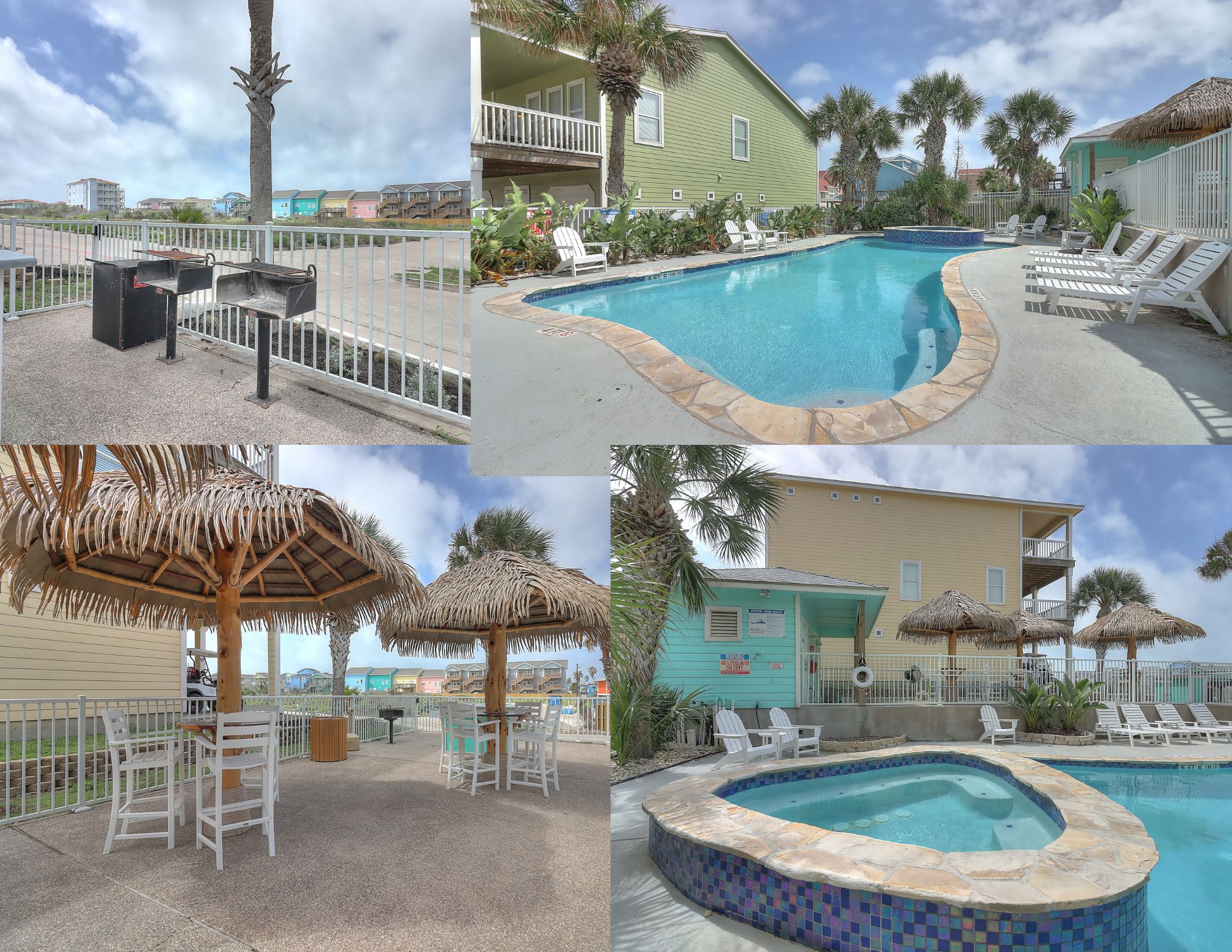 Sandhill Townhomes of Port Aransas; community area with pool, hot tub, palapas, loungers, and charcoal grills, and of course the beach is just a block away! Make these townhome rentals your Port Aransas beach vacation destination today!